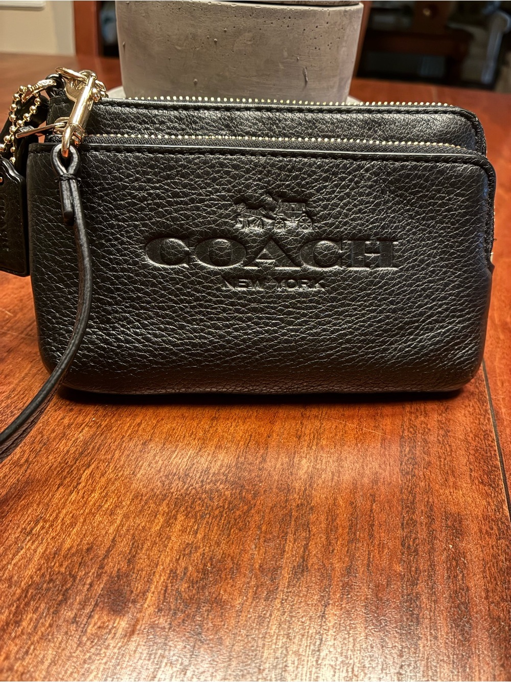 Coach Black Pebbled Leather Dual-Zip Wristlet with Gold Hardware